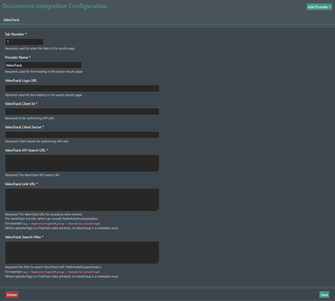 Configuration ValveTrack