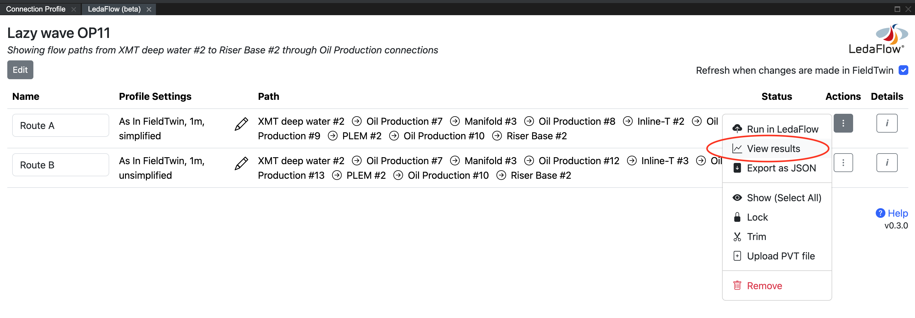 View results menu