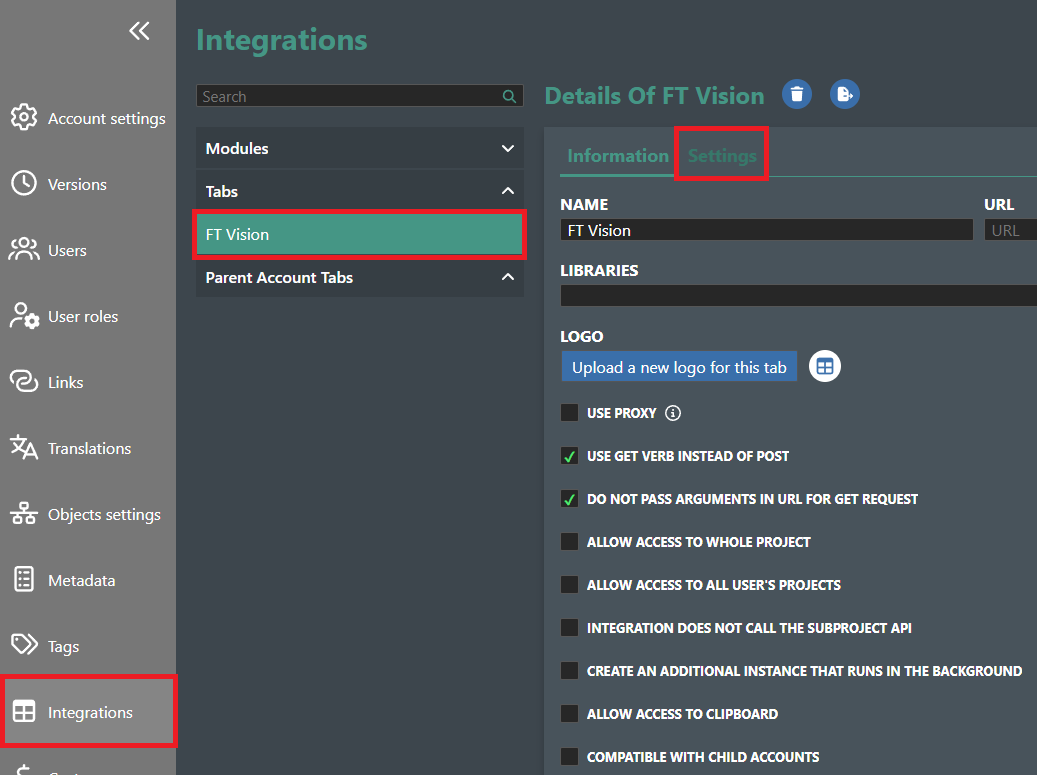 Integration configuration